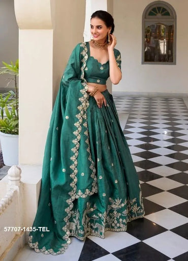 Teal Green Crush Silk Embroidered Party-Wear Stylish Lehenga Choli