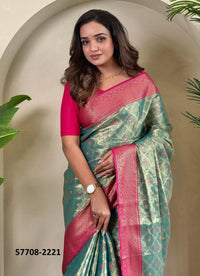 Teal Blue Woven Tissue Saree For Traditional / Religious-Occasions