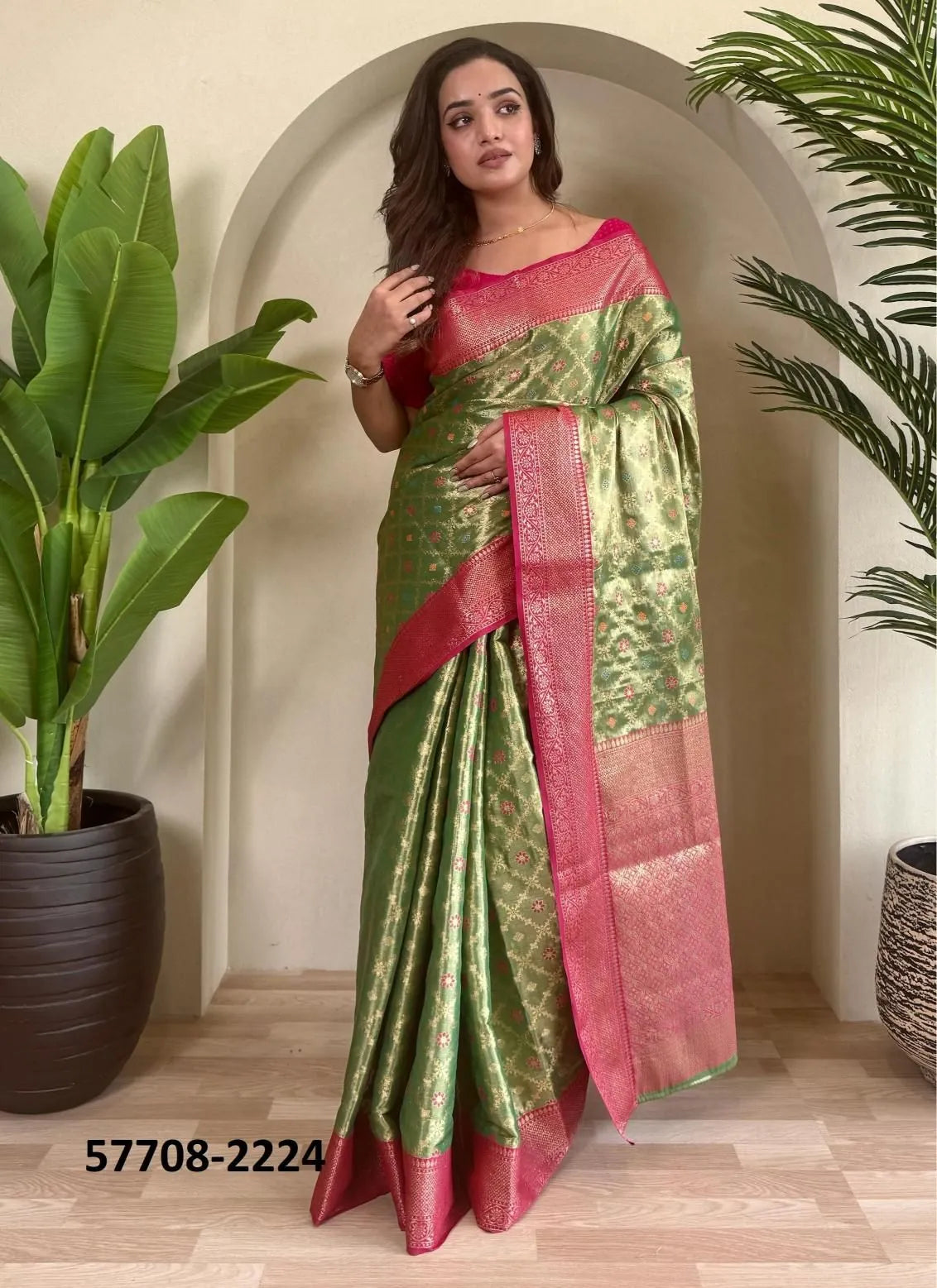 Olive Green Woven Tissue Saree For Traditional / Religious-Occasions