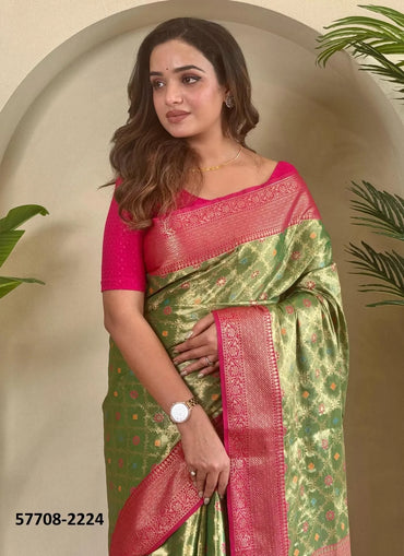 Olive Green Woven Tissue Saree For Traditional / Religious-Occasions