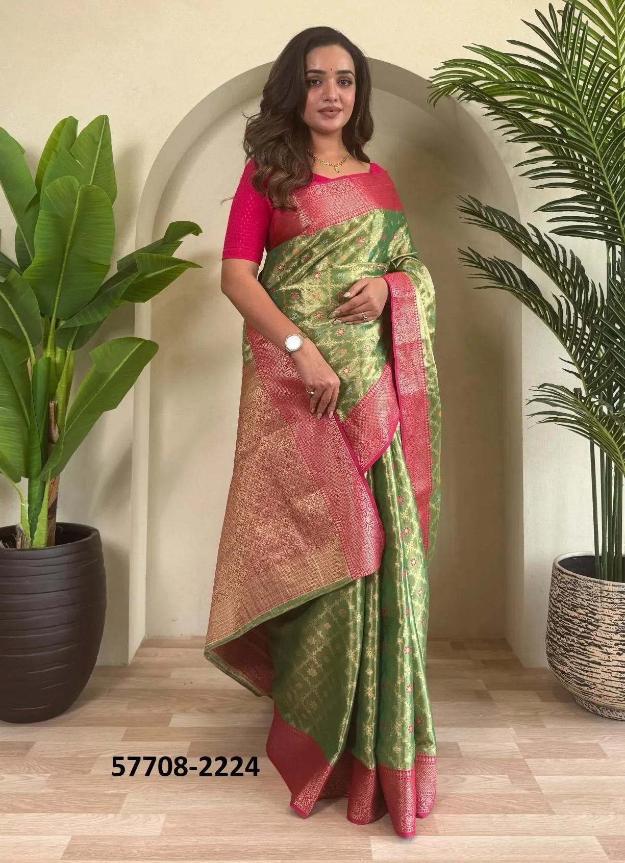 Olive Green Woven Tissue Saree For Traditional / Religious-Occasions