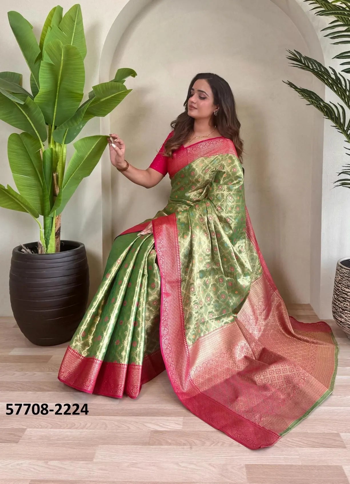 Olive Green Woven Tissue Saree For Traditional / Religious-Occasions