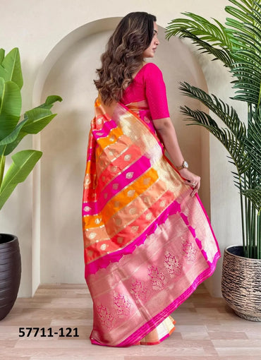 Orange Woven Banarasi Satin Silk Saree For Traditional / Religious-Occasions