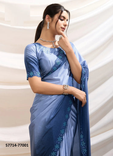 Steel Blue Crape Silk Zarkan-Work Beautiful Saree For Kitty-Parties