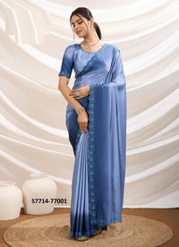 Steel Blue Crape Silk Zarkan-Work Beautiful Saree For Kitty-Parties
