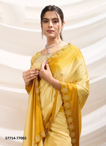 Creamy Yellow Crape Silk Zarkan-Work Beautiful Saree For Kitty-Parties