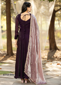 Dark Wine Silk Sequins-Work Party-Wear Readymade Gown With Dupatta