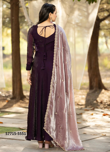 Dark Wine Silk Sequins-Work Party-Wear Readymade Gown With Dupatta