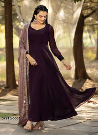 Dark Wine Silk Sequins-Work Party-Wear Readymade Gown With Dupatta