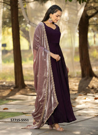 Dark Wine Silk Sequins-Work Party-Wear Readymade Gown With Dupatta