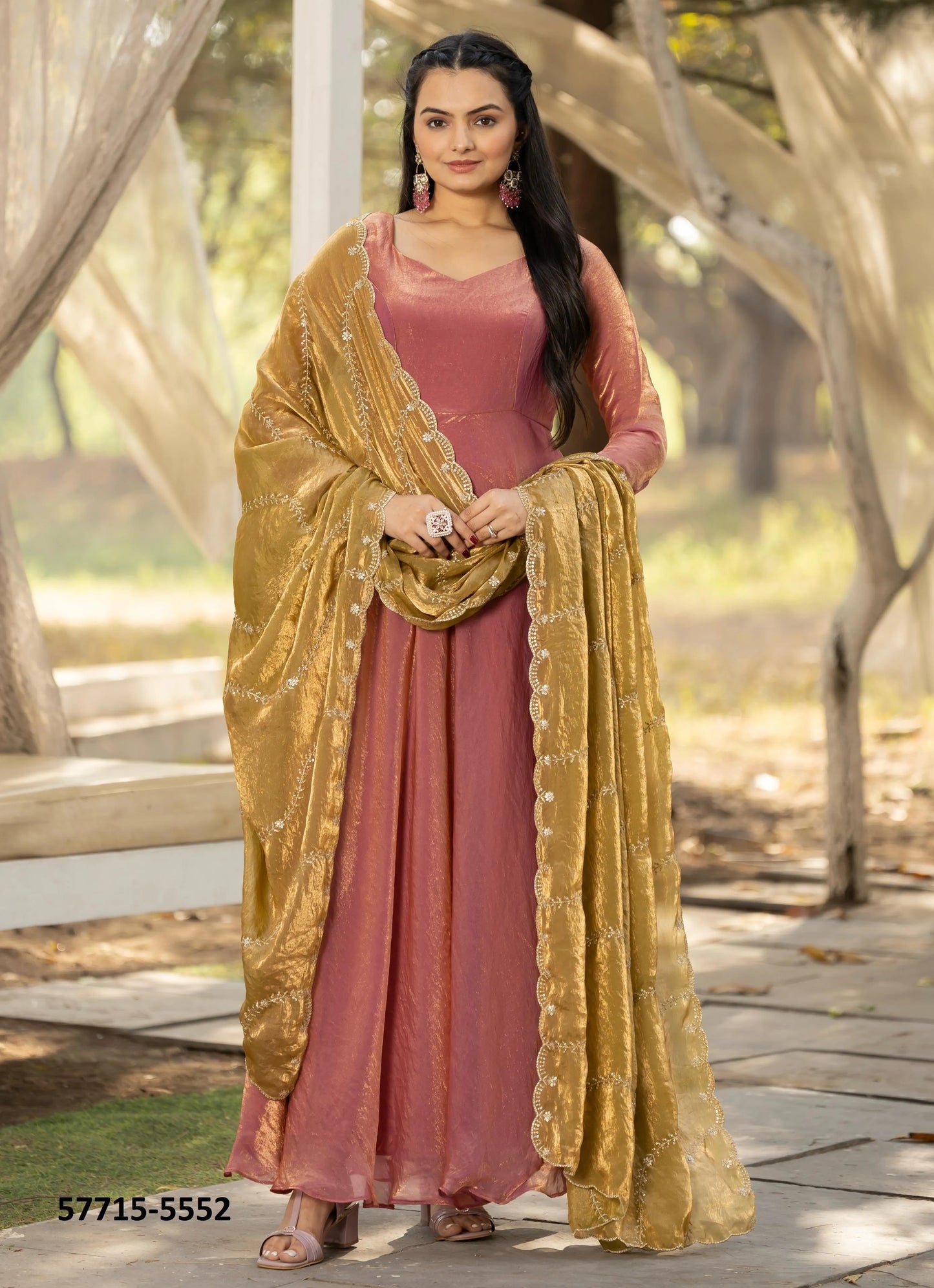 Light Coral Silk Sequins-Work Party-Wear Readymade Gown With Dupatta