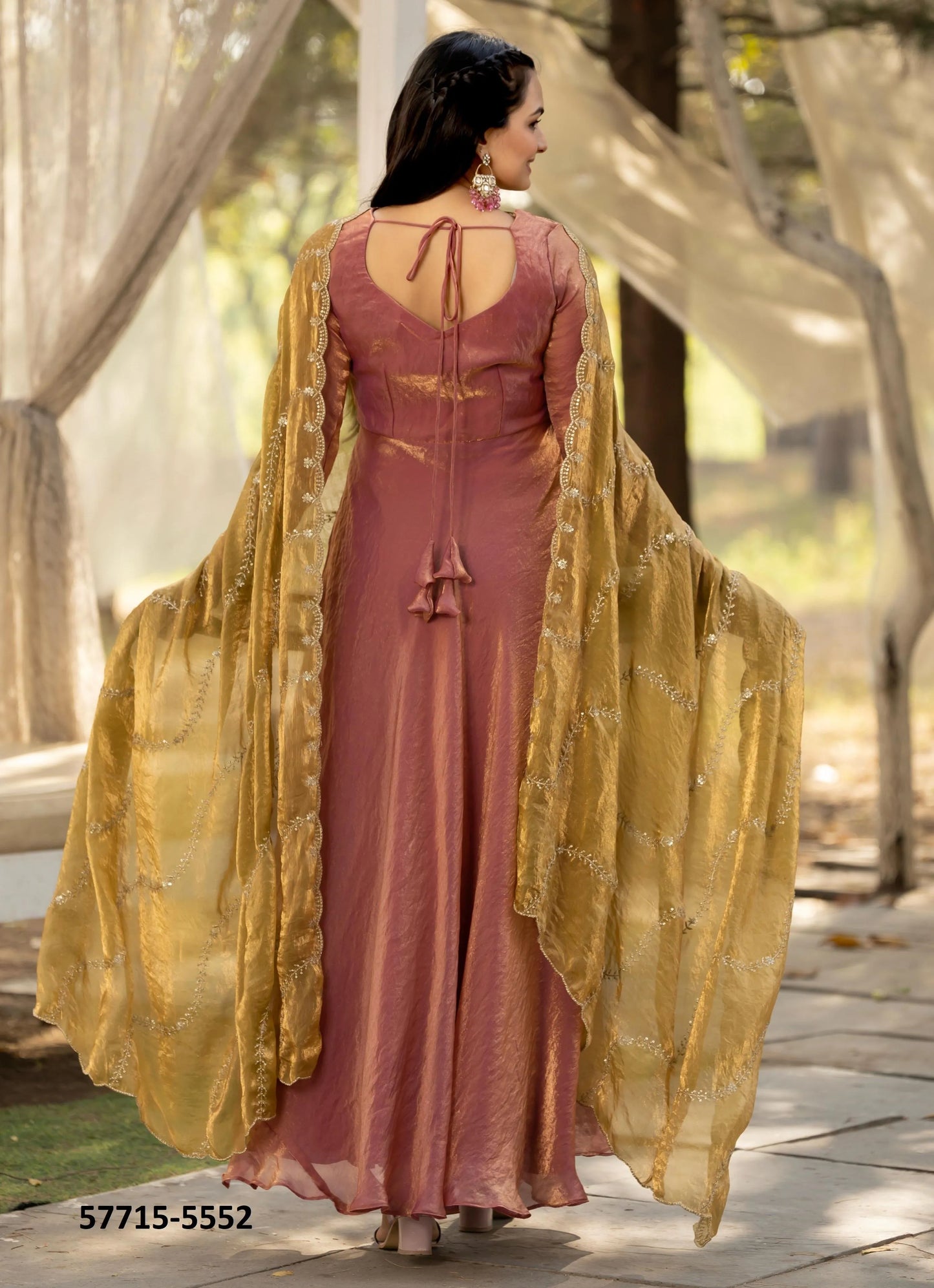 Light Coral Silk Sequins-Work Party-Wear Readymade Gown With Dupatta