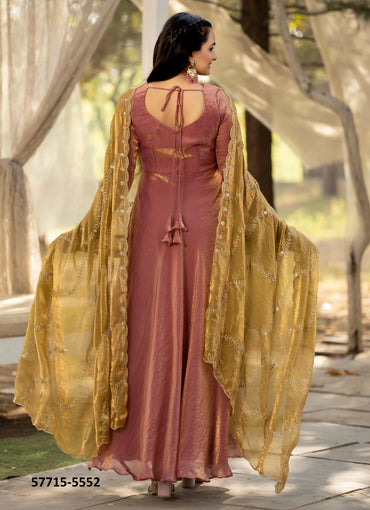 Light Coral Silk Sequins-Work Party-Wear Readymade Gown With Dupatta