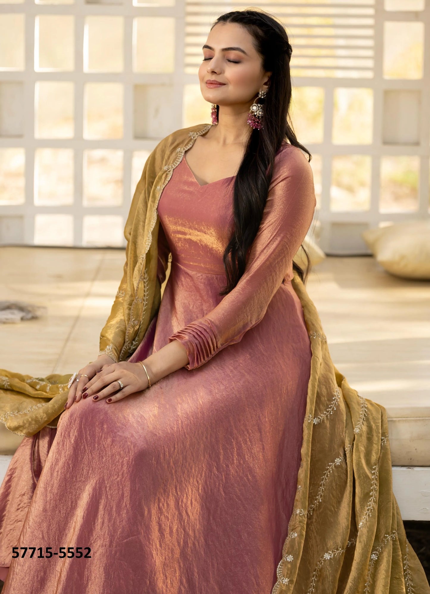 Light Coral Silk Sequins-Work Party-Wear Readymade Gown With Dupatta