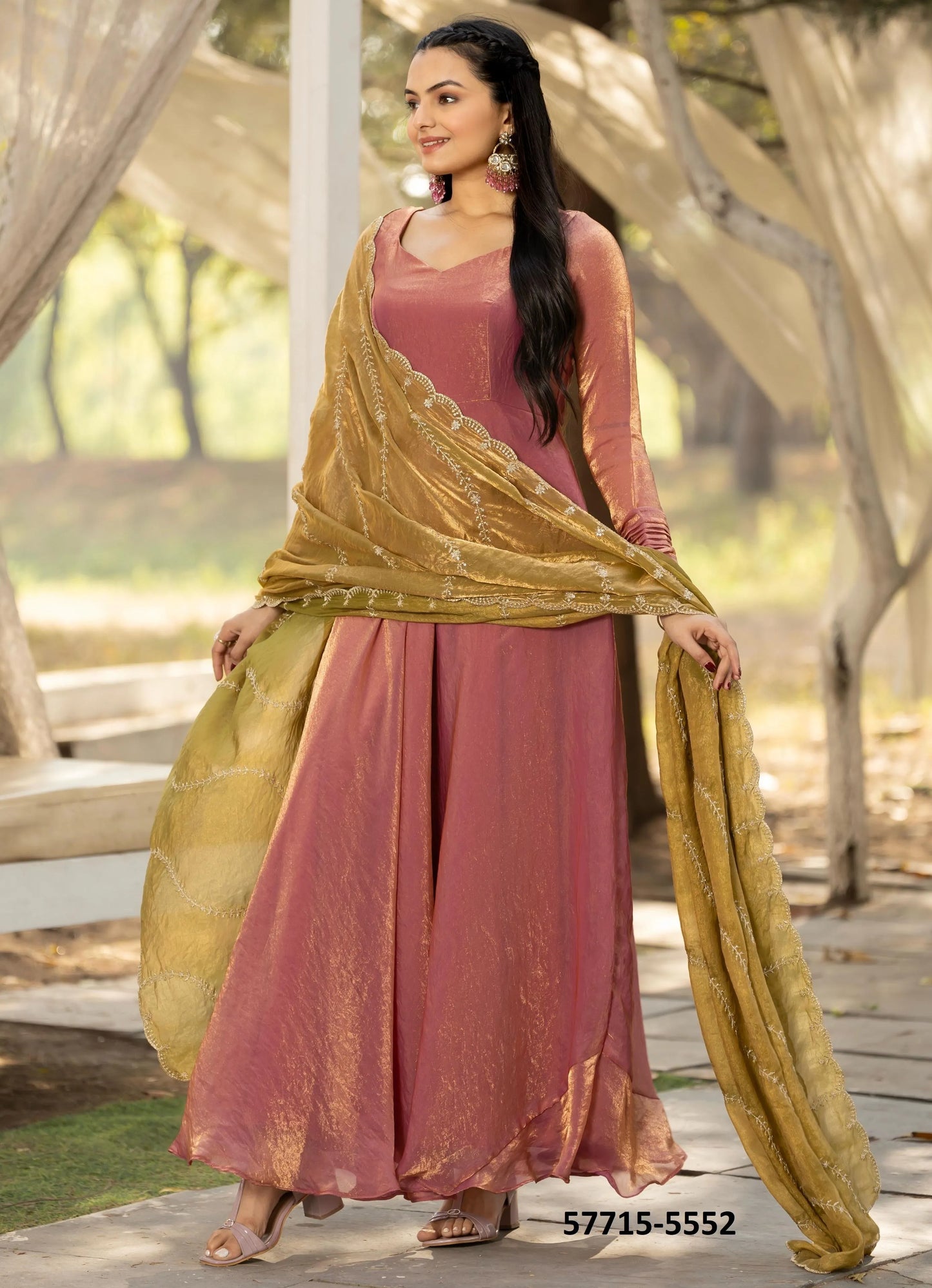 Light Coral Silk Sequins-Work Party-Wear Readymade Gown With Dupatta