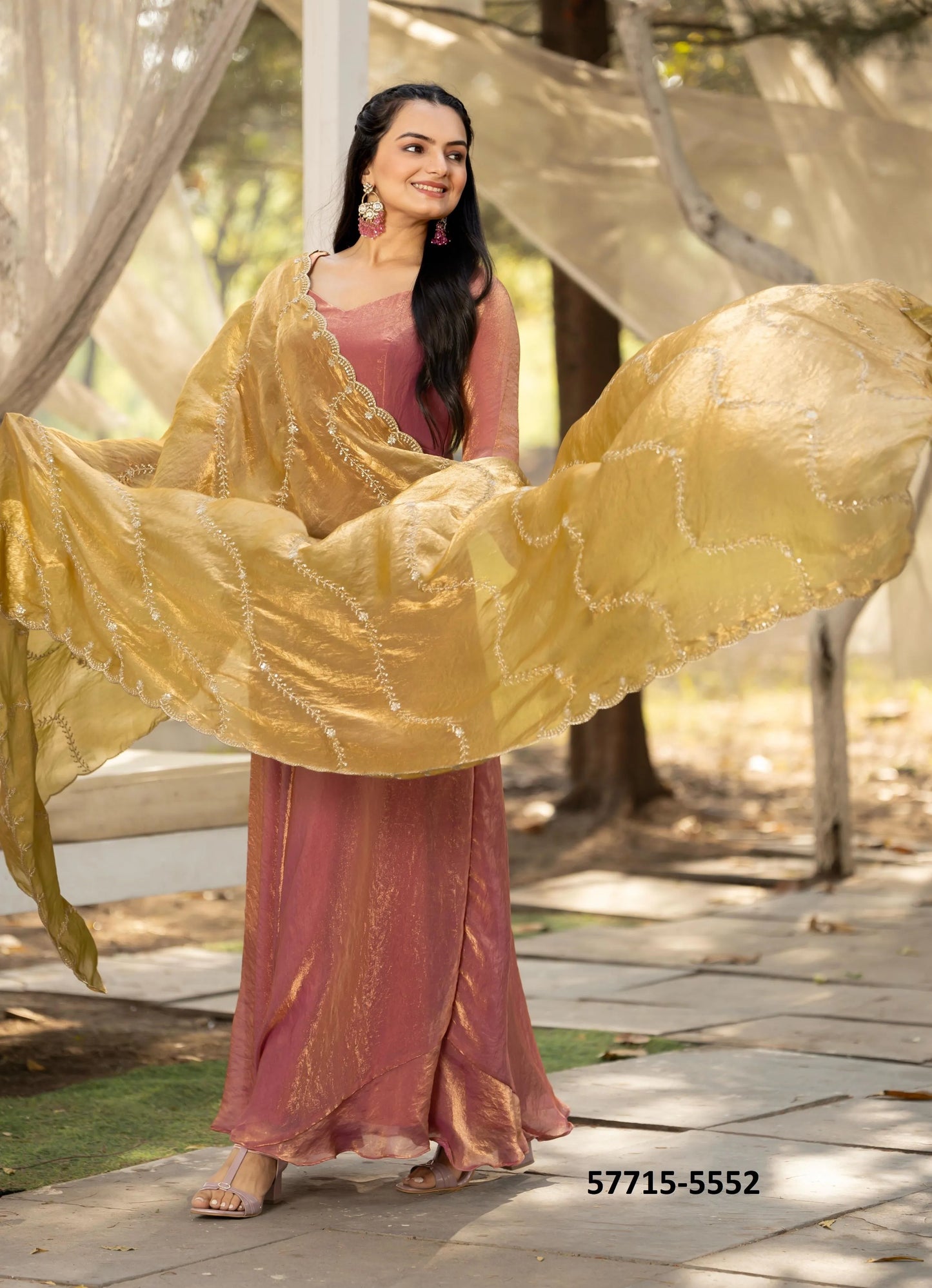 Light Coral Silk Sequins-Work Party-Wear Readymade Gown With Dupatta