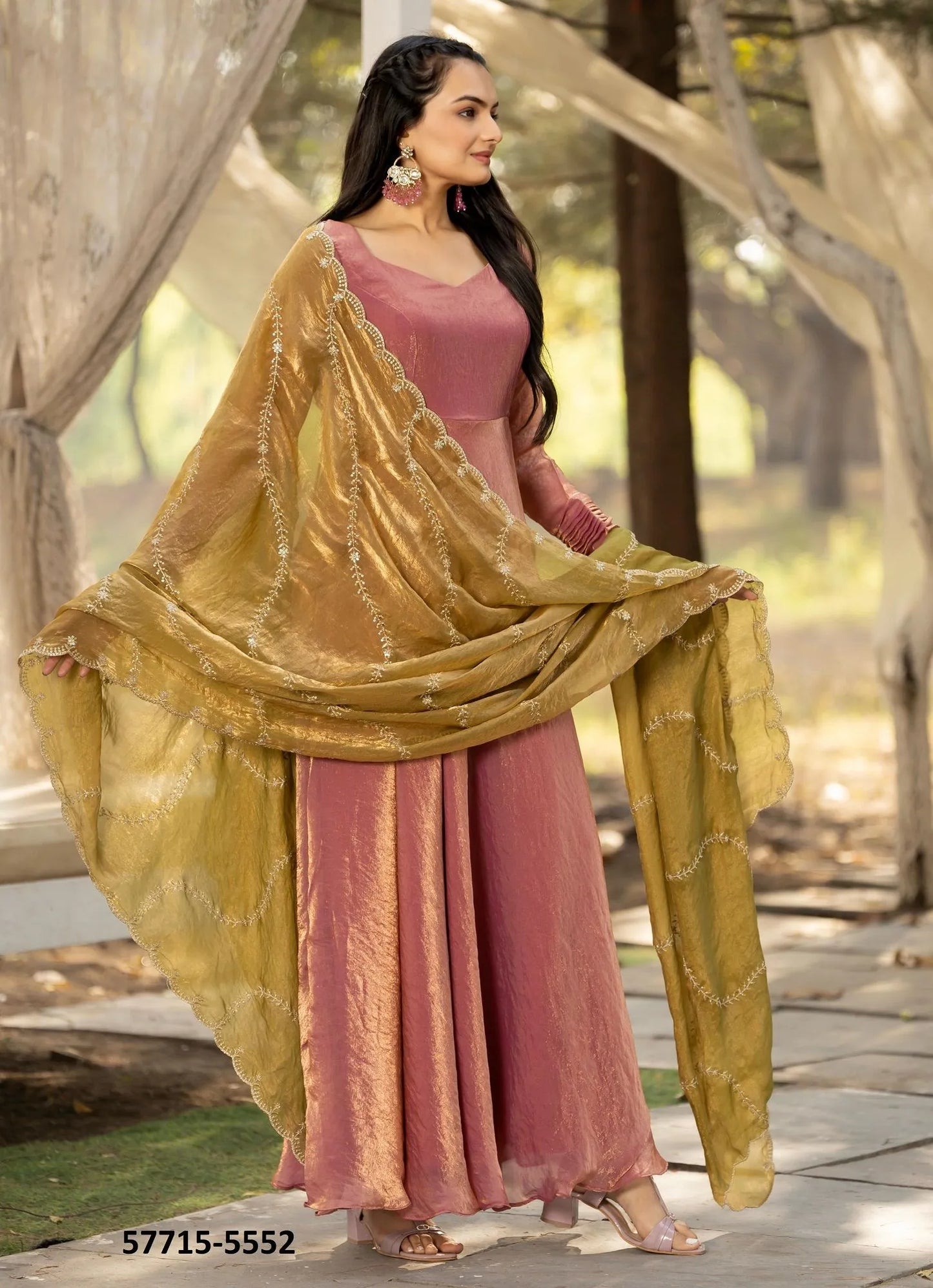 Light Coral Silk Sequins-Work Party-Wear Readymade Gown With Dupatta