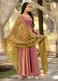 Light Coral Silk Sequins-Work Party-Wear Readymade Gown With Dupatta