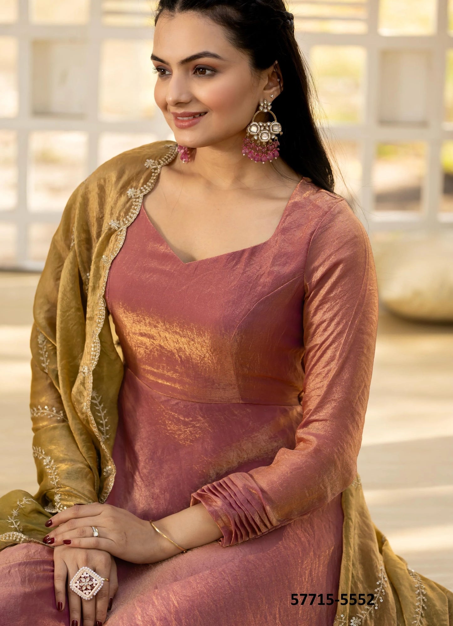 Light Coral Silk Sequins-Work Party-Wear Readymade Gown With Dupatta