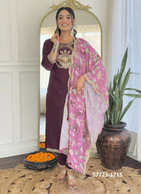 Wine Viscose Rayon Embroidered Festive-Wear Readymade Pant-Bottom Salwar Kameez