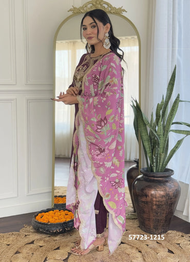 Wine Viscose Rayon Embroidered Festive-Wear Readymade Pant-Bottom Salwar Kameez