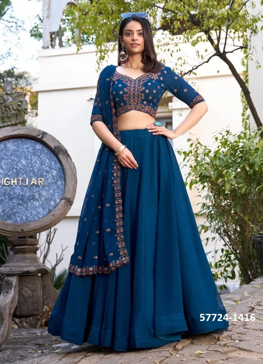 Navy Blue Georgette Thread-Work Festive-Wear Traditional Lehenga Choli