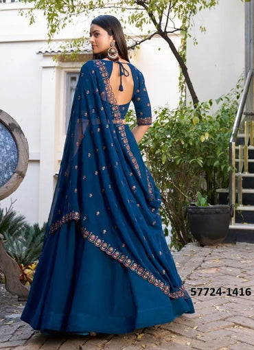 Navy Blue Georgette Thread-Work Festive-Wear Traditional Lehenga Choli