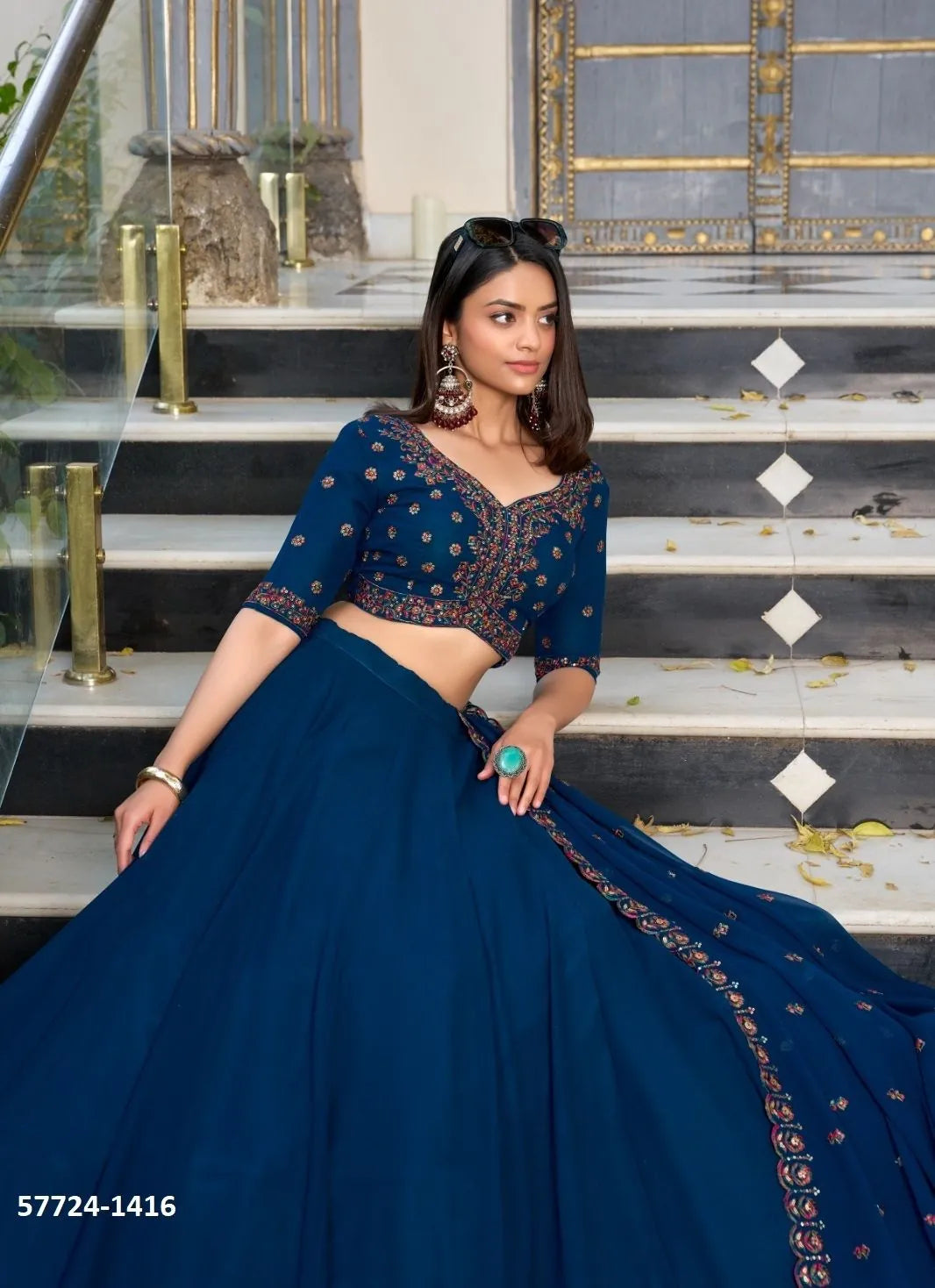 Navy Blue Georgette Thread-Work Festive-Wear Traditional Lehenga Choli