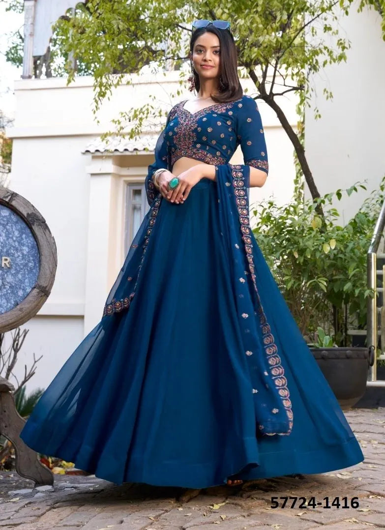 Navy Blue Georgette Thread-Work Festive-Wear Traditional Lehenga Choli