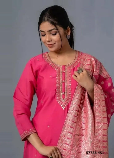 Dark Pink Viscose Chanderi Woven Festive-Wear Jacquard Readymade Salwar Kameez
