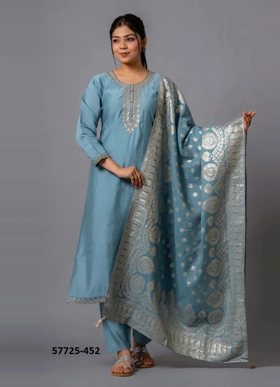 Steel Blue Viscose Chanderi Woven Festive-Wear Jacquard Readymade Salwar Kameez