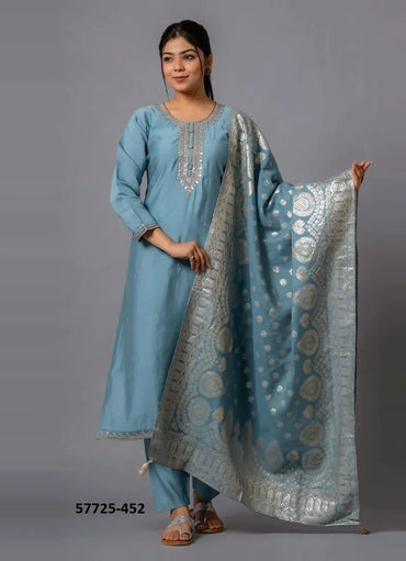 Steel Blue Viscose Chanderi Woven Festive-Wear Jacquard Readymade Salwar Kameez