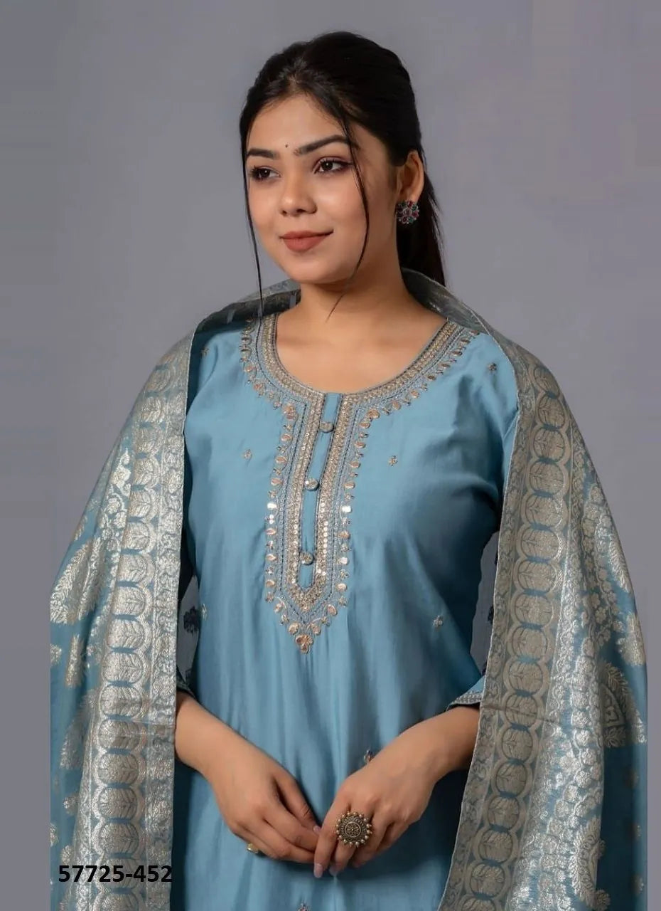 Steel Blue Viscose Chanderi Woven Festive-Wear Jacquard Readymade Salwar Kameez