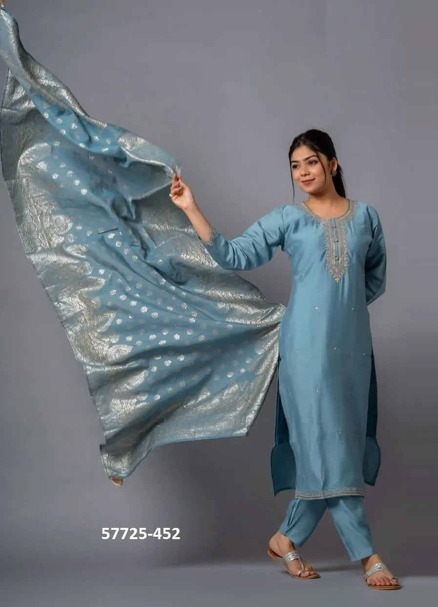 Steel Blue Viscose Chanderi Woven Festive-Wear Jacquard Readymade Salwar Kameez