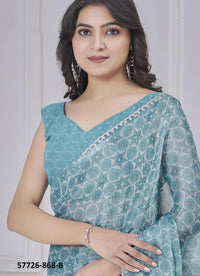 Teal Blue Silk Organza Printed Casual-Wear Desi Saree