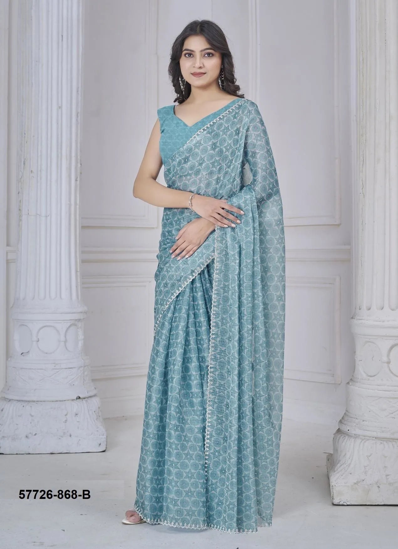 Teal Blue Silk Organza Printed Casual-Wear Desi Saree
