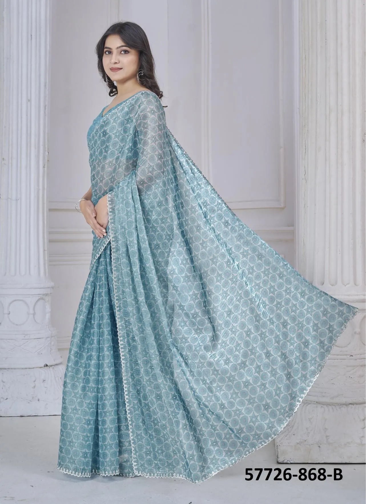 Teal Blue Silk Organza Printed Casual-Wear Desi Saree