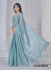 Teal Blue Silk Organza Printed Casual-Wear Desi Saree
