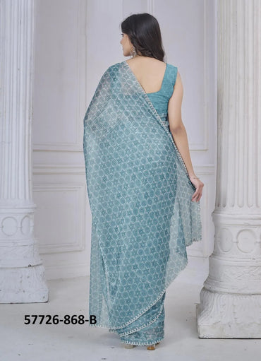 Teal Blue Silk Organza Printed Casual-Wear Desi Saree