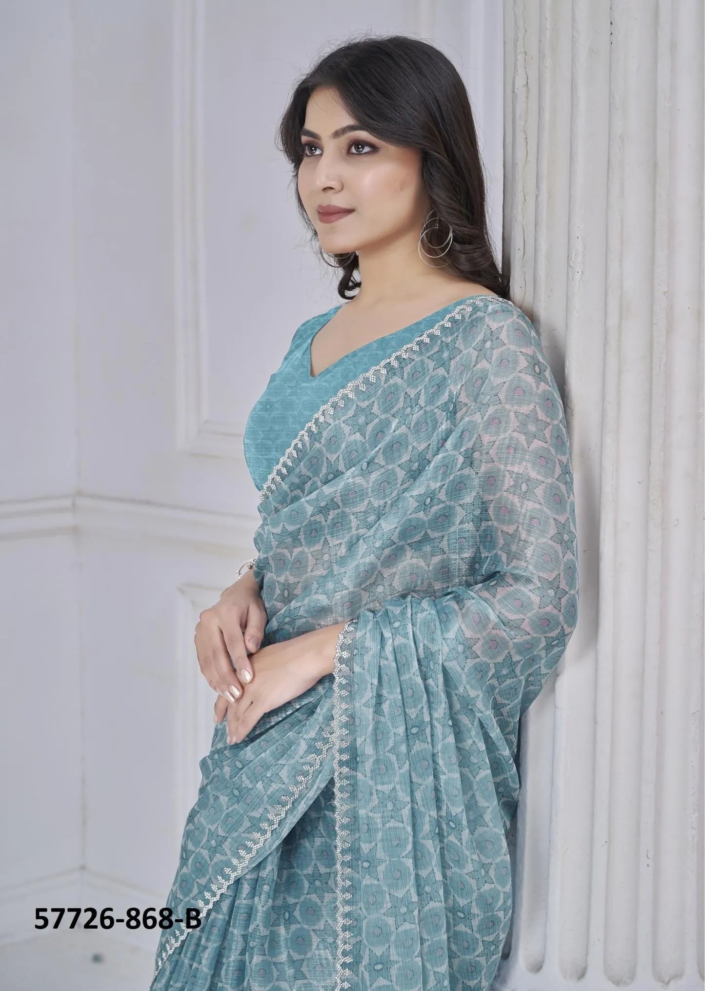 Teal Blue Silk Organza Printed Casual-Wear Desi Saree