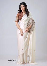 White Soft Crape Satin Printed Party-Wear Hands-Free Drape Saree