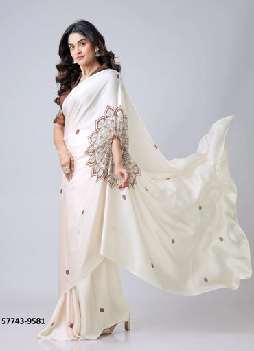 White Soft Crape Satin Printed Party-Wear Hands-Free Drape Saree