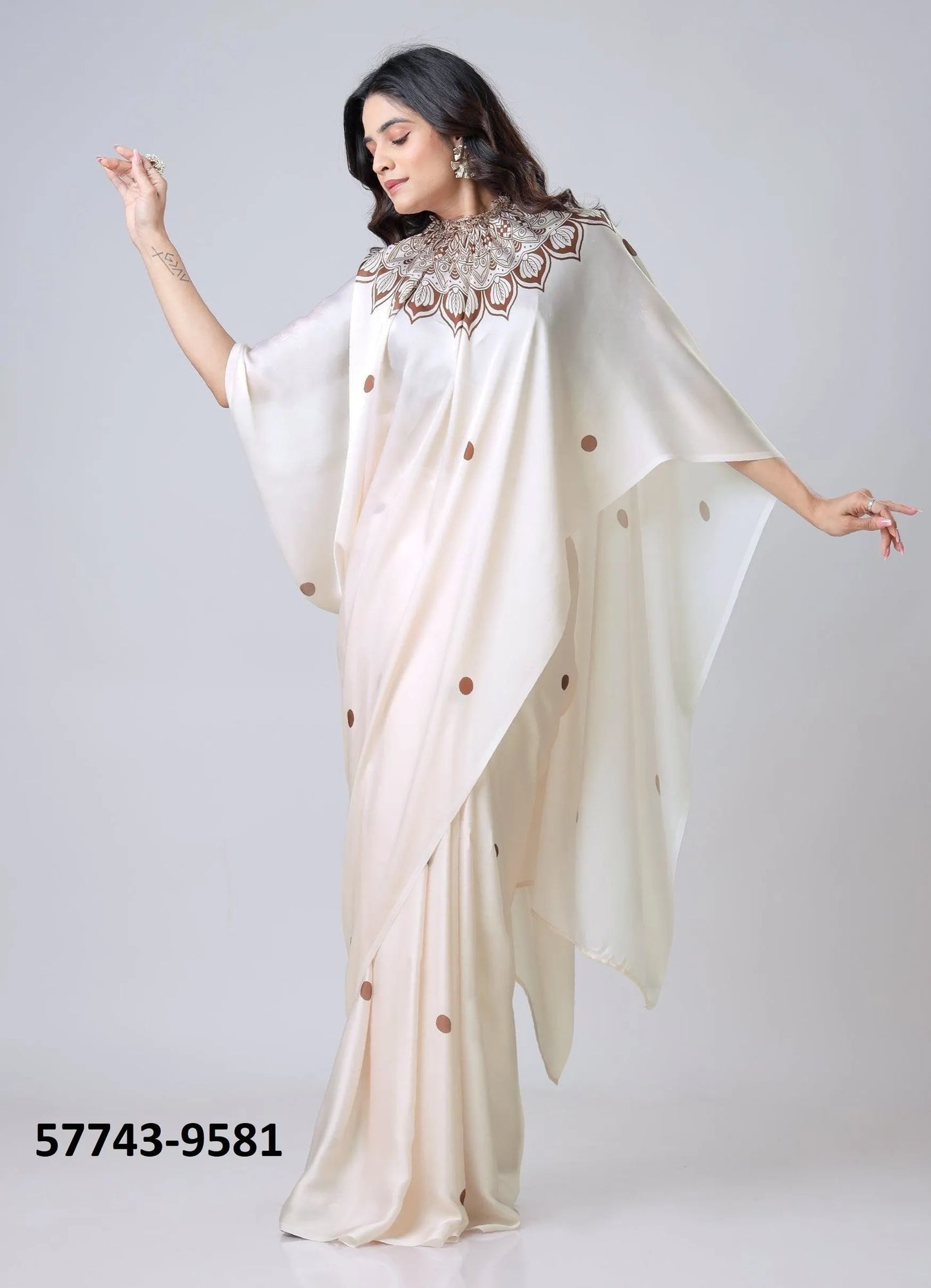 White Soft Crape Satin Printed Party-Wear Hands-Free Drape Saree