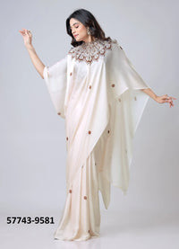 White Soft Crape Satin Printed Party-Wear Hands-Free Drape Saree