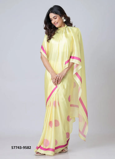 Creamy Yellow Soft Crape Satin Printed Party-Wear Hands-Free Drape Saree