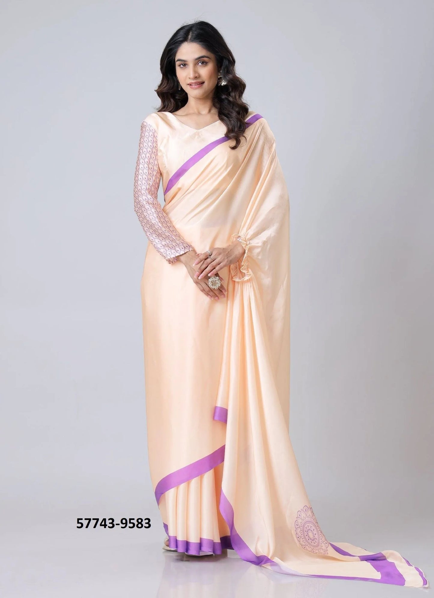 Light Peach Soft Crape Satin Printed Party-Wear Hands-Free Drape Saree