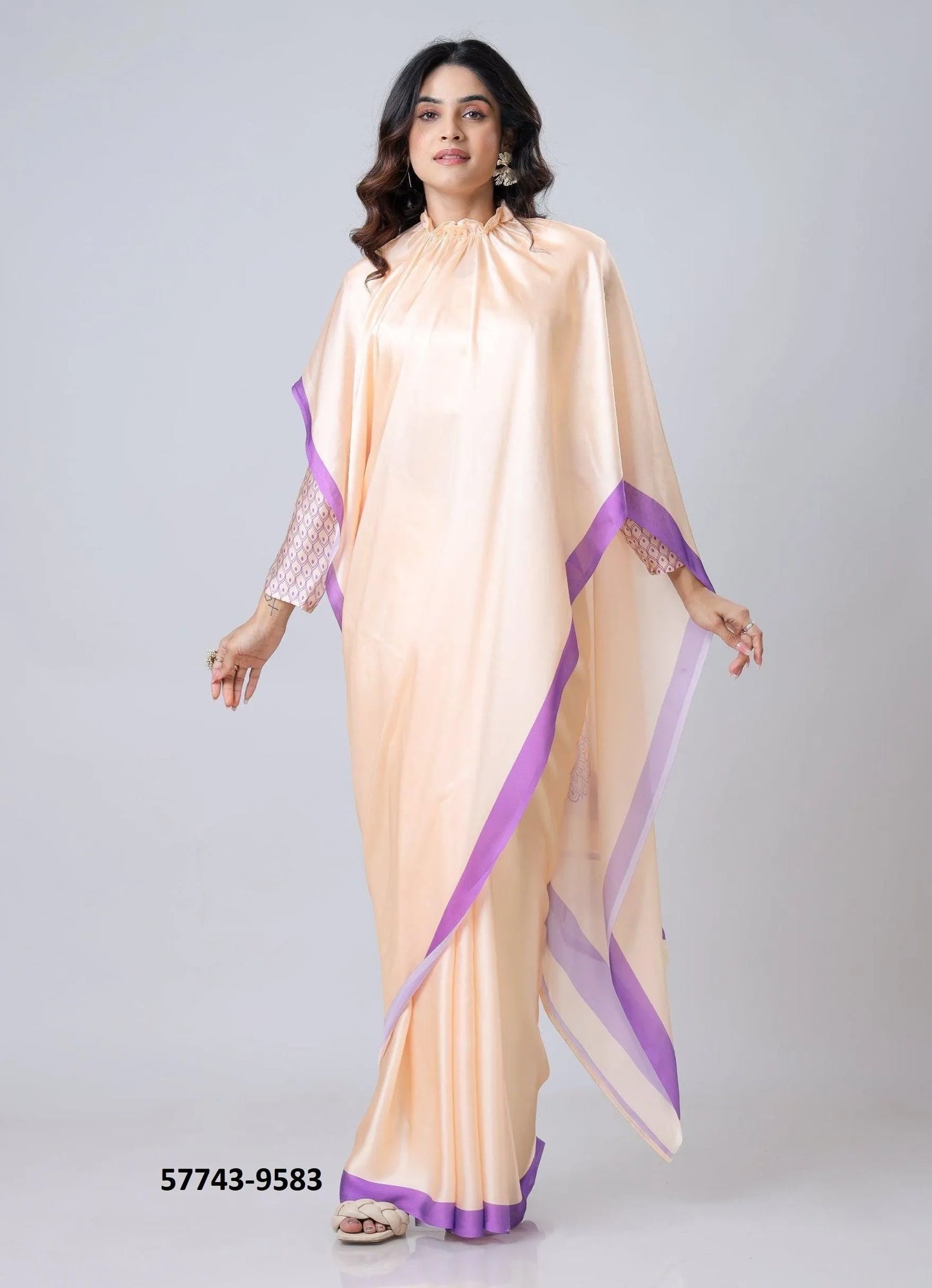 Light Peach Soft Crape Satin Printed Party-Wear Hands-Free Drape Saree