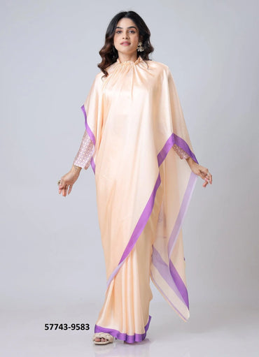 Light Peach Soft Crape Satin Printed Party-Wear Hands-Free Drape Saree