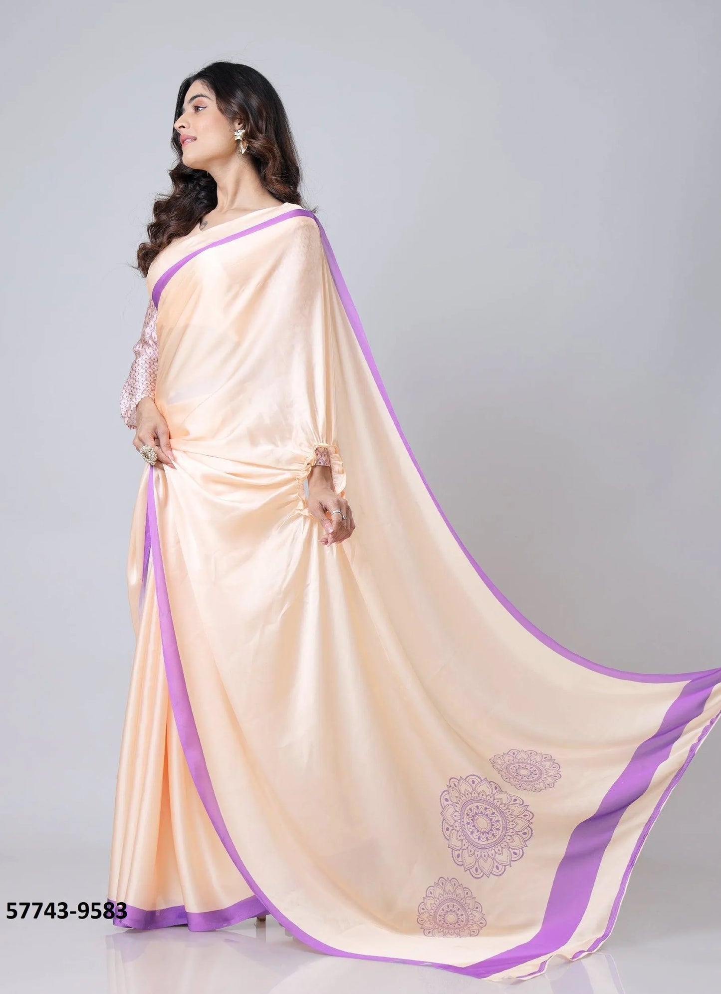 Light Peach Soft Crape Satin Printed Party-Wear Hands-Free Drape Saree