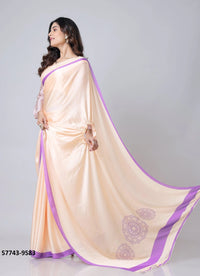 Light Peach Soft Crape Satin Printed Party-Wear Hands-Free Drape Saree